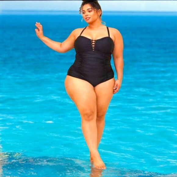 TORRID Plus Size Black Slim Fix Wireless Lattice Front One Piece Swimsuit 4X - Picture 3 of 13